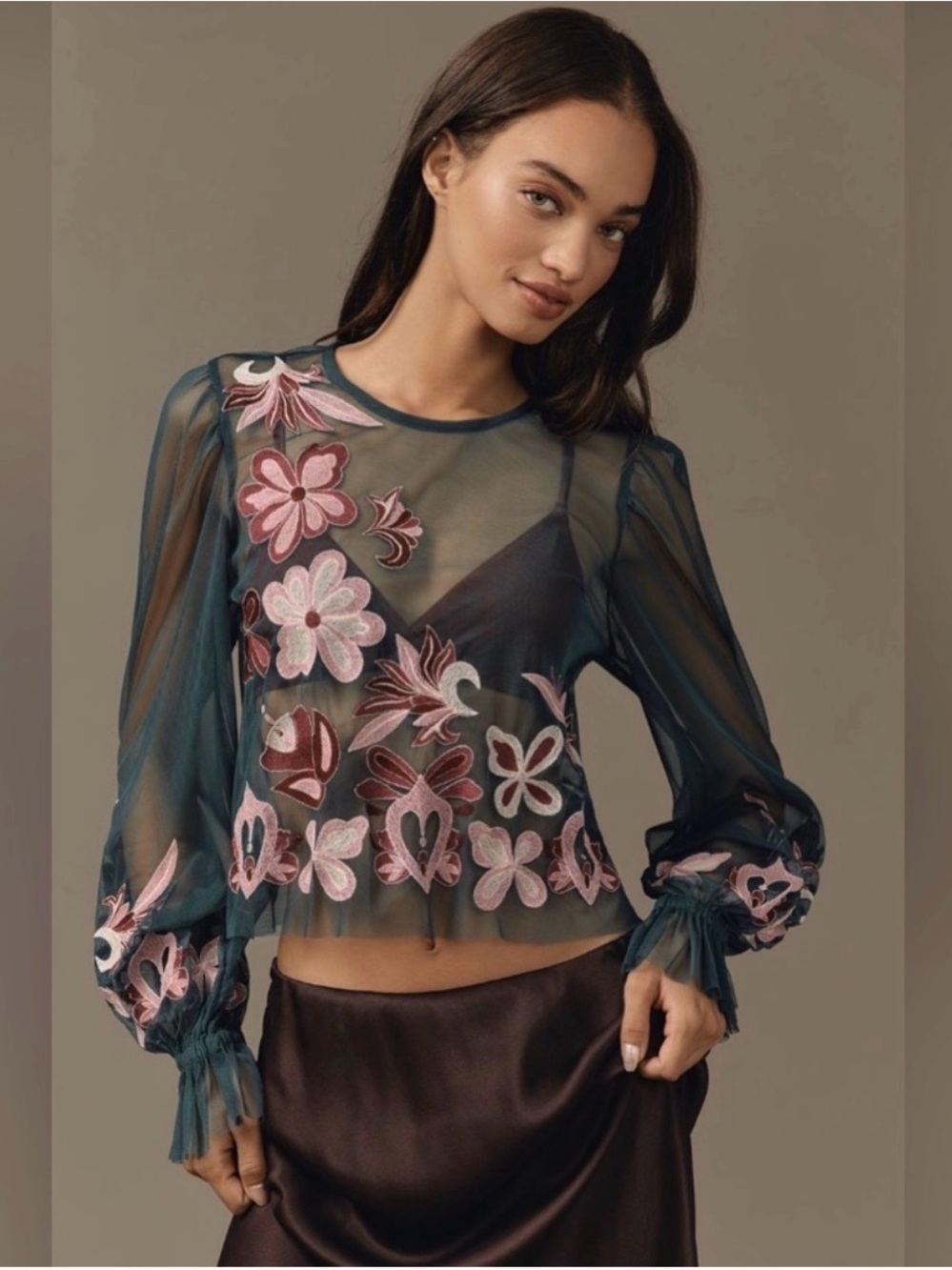 Anthropologie Sheer Floral Embroidered Long-Sleeve Top - Teal & Pink